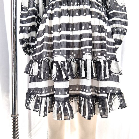 Cynthia Rowley Sicily Silk Wrap Dress Black White Smocked Waist Cap Sleeve Size - Picture 5 of 13